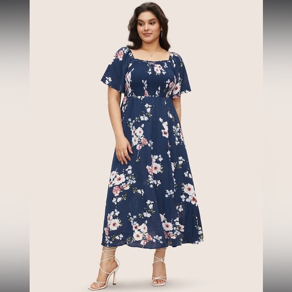 NEW Floral Square Neck Ruffles Pocket Shirred Split Dress Sz 12 - Picture 9 of 10